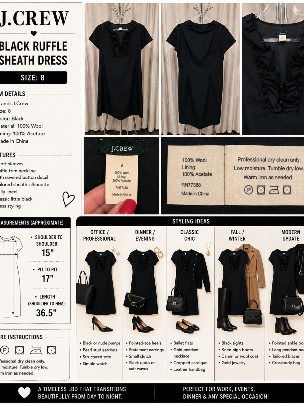 J. Crew Black Ruffle Sheath Dress